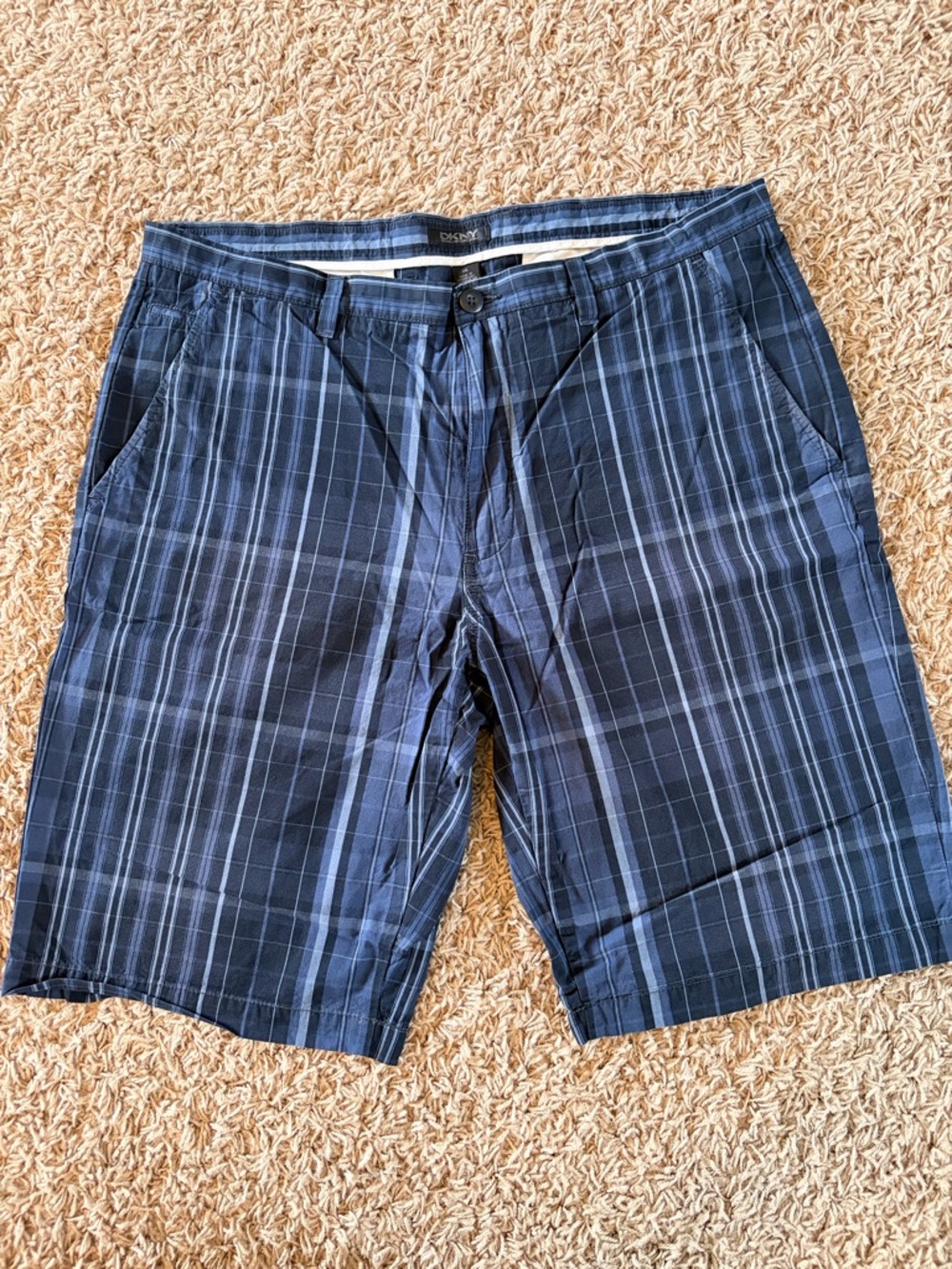 DKNY Men's Navy Blue Plaid Flat Front Shorts